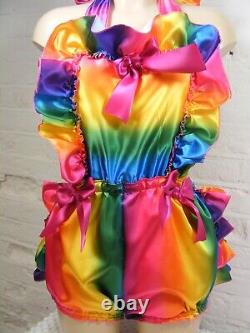 Adult Baby Sissy Rainbow Satin Ruffle Bum Romper Dungarees Sunsuit French Maid