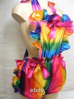 Adult Baby Sissy Rainbow Satin Ruffle Bum Romper Dungarees Sunsuit French Maid