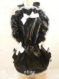 Adult Baby Sissy Satin Ruffle Bum Romper Dungarees Sunsuit French Maid
