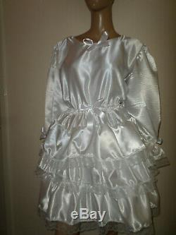 Adult Baby Sissy White Satin Pretty Frilly Ruffle Dress 52 Long Puffed Sleeves