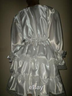 Adult Baby Sissy White Satin Pretty Frilly Ruffle Dress 52 Long Puffed Sleeves