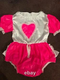 Adult Baby Sissy White Satin/ pink Waterproof Romper /Playsuit up to 46 Chest