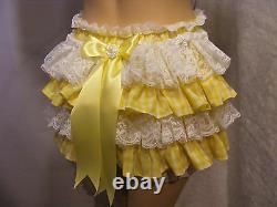 Adult Baby Sissy Yellow Gingham Frilly Diaper Cover Panties Fancydress Cosplay
