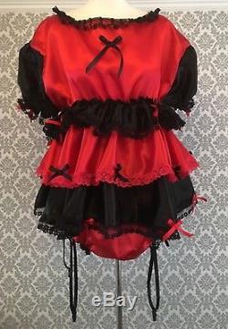 Adult Baby abdl Sissy satin Romper lace fancy cosplay sexy red black suspenders