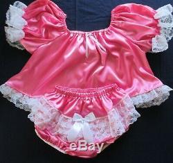 Adult Sissy Baby 2pc Medium Pink Satin shorty dress top and lacey rhumba panties
