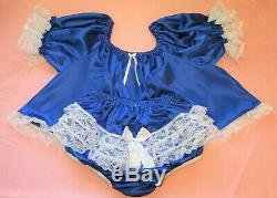 Adult Sissy Baby 2pc Royal Blue Satin shorty dress top and lacey rhumba panties