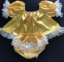 Adult Sissy Baby 2pc Yellow Satin shorty dress top and lacey rhumba panties