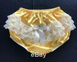 Adult Sissy Baby 2pc Yellow Satin shorty dress top and lacey rhumba panties