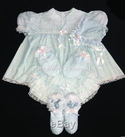 Adult Sissy Baby Eyelet Baby Blue Dress Set (bonnet, Mitten And Booties)