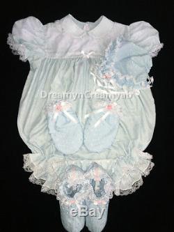 Adult Sissy Baby Eyelet Baby Blue Romper Set (bonnet, Mitten And Booties)