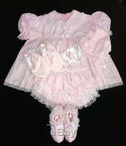 Adult Sissy Baby Eyelet Pink Dress Set (bonnet, Mitten And Booties)