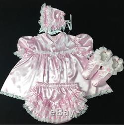 Adult Sissy Innocent Baby Pink Satin Dress 4 Items Set (sz L)