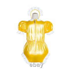 Adult baby Romper vinyl Maid Sissy Yellow Pvc Lockable Cosplay Costumes Tailored