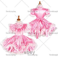 Adult baby lockable pink Satin Sissy Maid Crossdress dress Tailor-madeG1231