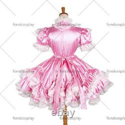 Adult baby lockable pink Satin Sissy Maid Crossdress dress Tailor-madeG1231
