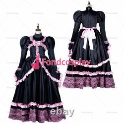 Adult sexy cross dressing sissy maid long Gothic lolita baby pink Satin dress /