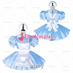 Adult sexy cross dressing sissy maid short baby blue satin dress lockable/