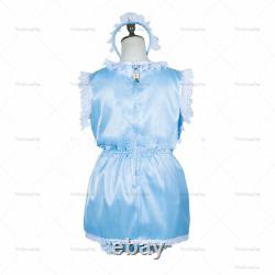 Adult sexy cross dressing sissy maid short baby blue satin jumpsuits rompers