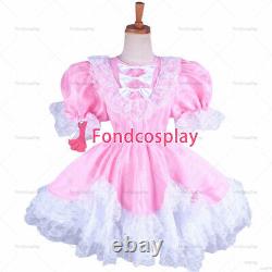 Adult sexy cross dressing sissy maid short lockable baby pink organza satin dres