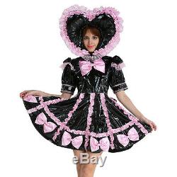 Black PVC Baby Sissy Lockable Maid Sweet Heart Dress Costume Crossdress Male XL