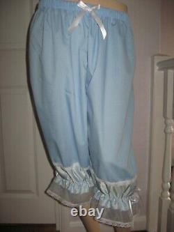 Blue check Pantaloons Extra Long sissy Bloomers nylon cotton lace Lolita Adult