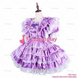 Cross dressing baby sissy maid lockable Light purple Satin dress UniformG1570