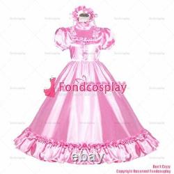Cross dressing sissy maid Lockable Baby Pink satin Dress Uniform CD/TVG4008