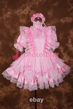 Cross dressing sissy maid Lockable baby Pink Satin Bowknot Dress UniformS015