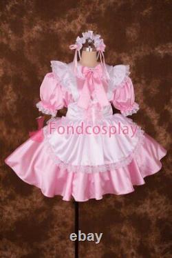 Cross dressing sissy maid Lockable baby Pink Satin Bowknot Dress UniformS016