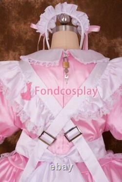 Cross dressing sissy maid Lockable baby Pink Satin Bowknot Dress UniformS016