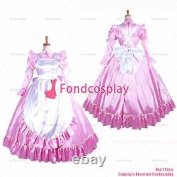 Cross dressing sissy maid Satin baby Pink Dress Lockable Uniform apron CDG1406
