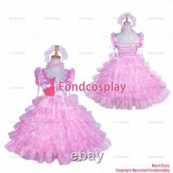 Cross dressing sissy maid baby Pink satin glass silk lolita tiered dress G3875