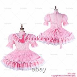 Cross dressing sissy maid baby pink lace organza dress lockable Uniform G2190