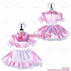 Cross dressing sissy maid baby pink satin dress lockable Uniform CD/TVG2220