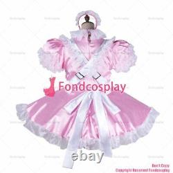 Cross dressing sissy maid baby pink satin dress lockable Uniform costume G2146