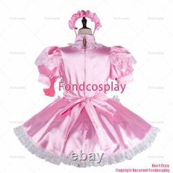 Cross dressing sissy maid baby pink satin dress lockable Uniform costume G2396