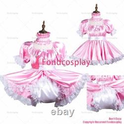 Cross dressing sissy maid baby pink satin dress lockable Uniform rompers G3736
