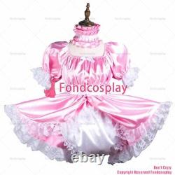Cross dressing sissy maid baby pink satin dress lockable Uniform rompers G3736