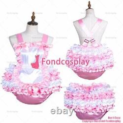 Cross dressing sissy maid baby pink satin dress rompers apron panties CDG3758