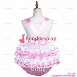 Cross dressing sissy maid baby pink satin dress rompers apron panties CDG3758