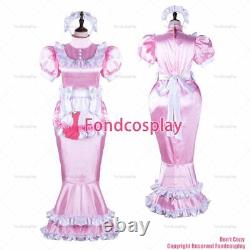Cross dressing sissy maid baby pink satin fish tail lockable dress CD/TVG2361