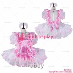 Cross dressing sissy maid baby pink satin organza lockable Uniform dress G2270