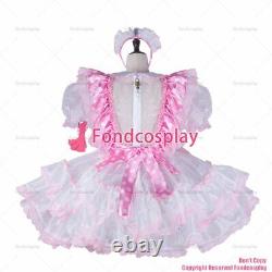 Cross dressing sissy maid baby pink satin organza lockable Uniform dress G2270