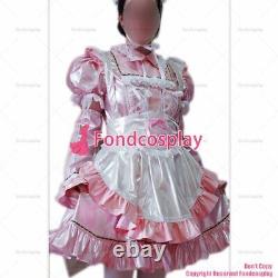 Cross dressing sissy maid baby pink thin Pvc Lockable Dress Uniform CD/TVCK949