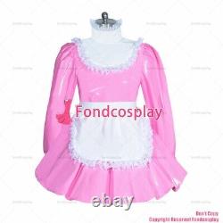 Cross dressing sissy maid french lockable baby Pink thin PVC dress Uniform G3959