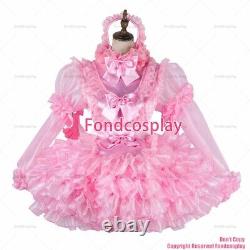 Cross dressing sissy maid lockable baby pink Satin Organza dress UniformG2014
