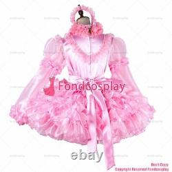 Cross dressing sissy maid lockable baby pink Satin Organza dress UniformG2014