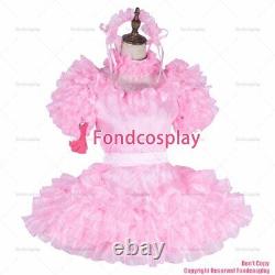 Cross dressing sissy maid lockable baby pink satin Organza dress UniformG1993