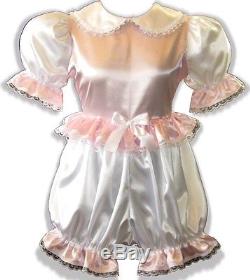 Esther CUSTOM FIT Lacy Pink & White Satin Adult BABY LG Sissy Romper LEANNE