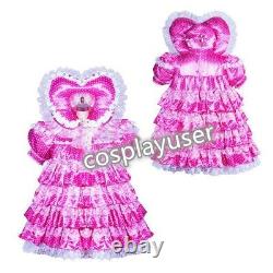 French lockable adult sissy baby polka dots hot pink Satin Dress cosplay Tailor